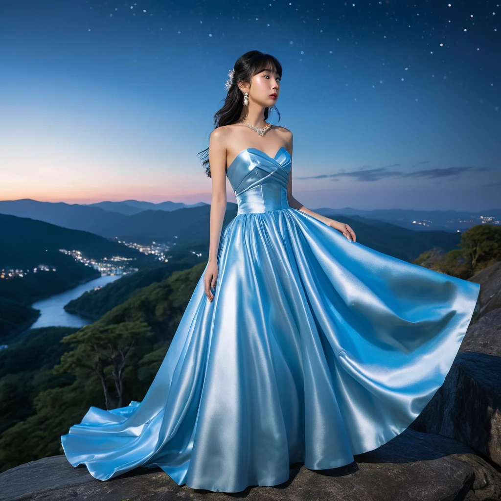 Elegant girl in blue satin gown on a night mountain