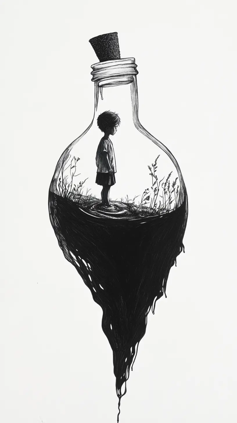 Child In A Giant Ink Bottle World With Flowing Black River