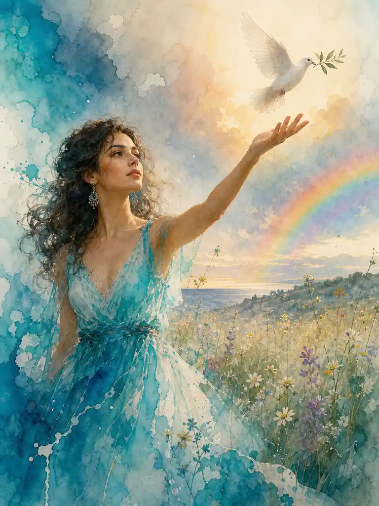 Young woman releasing a white dove over a flower field