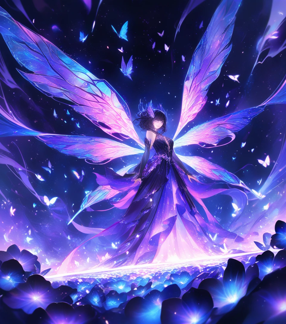 Ragazza anime con ali di farfalla luminose in un giardino notturno