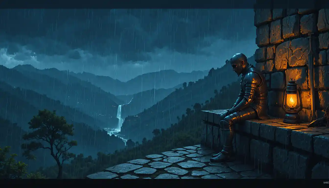 Knight resting on a rainy castle battlement at night