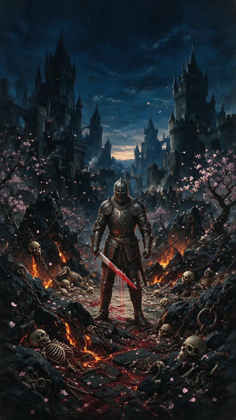 Armored knight with bloody sword in dark fantasy ruins