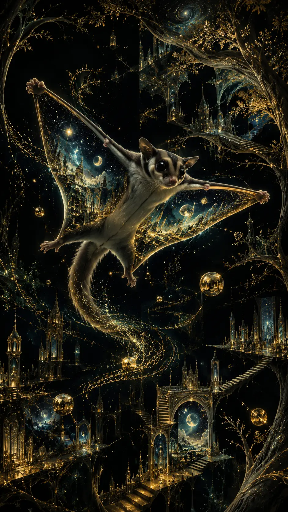 Sugar glider soaring through a surreal celestial forest