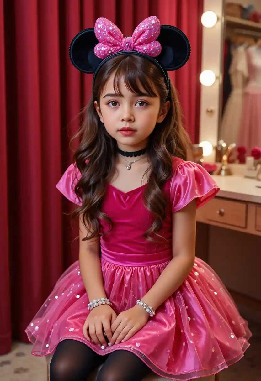 Young boy in pink princess dress at vanity