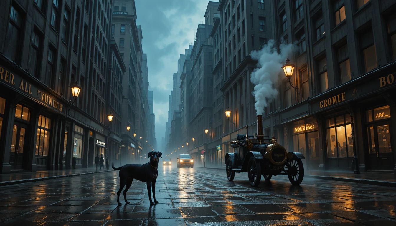 Lonely Dog On Rain Soaked Street Beneath Tall City Buildings