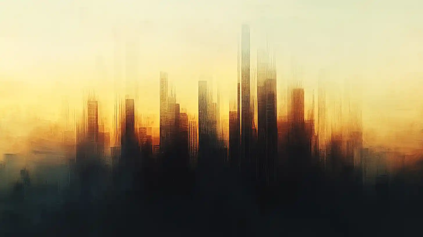 City skyline dissolving into abstract geometry and light