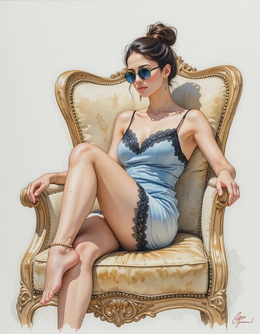 Young woman relaxing in a vintage armchair watercolor painting