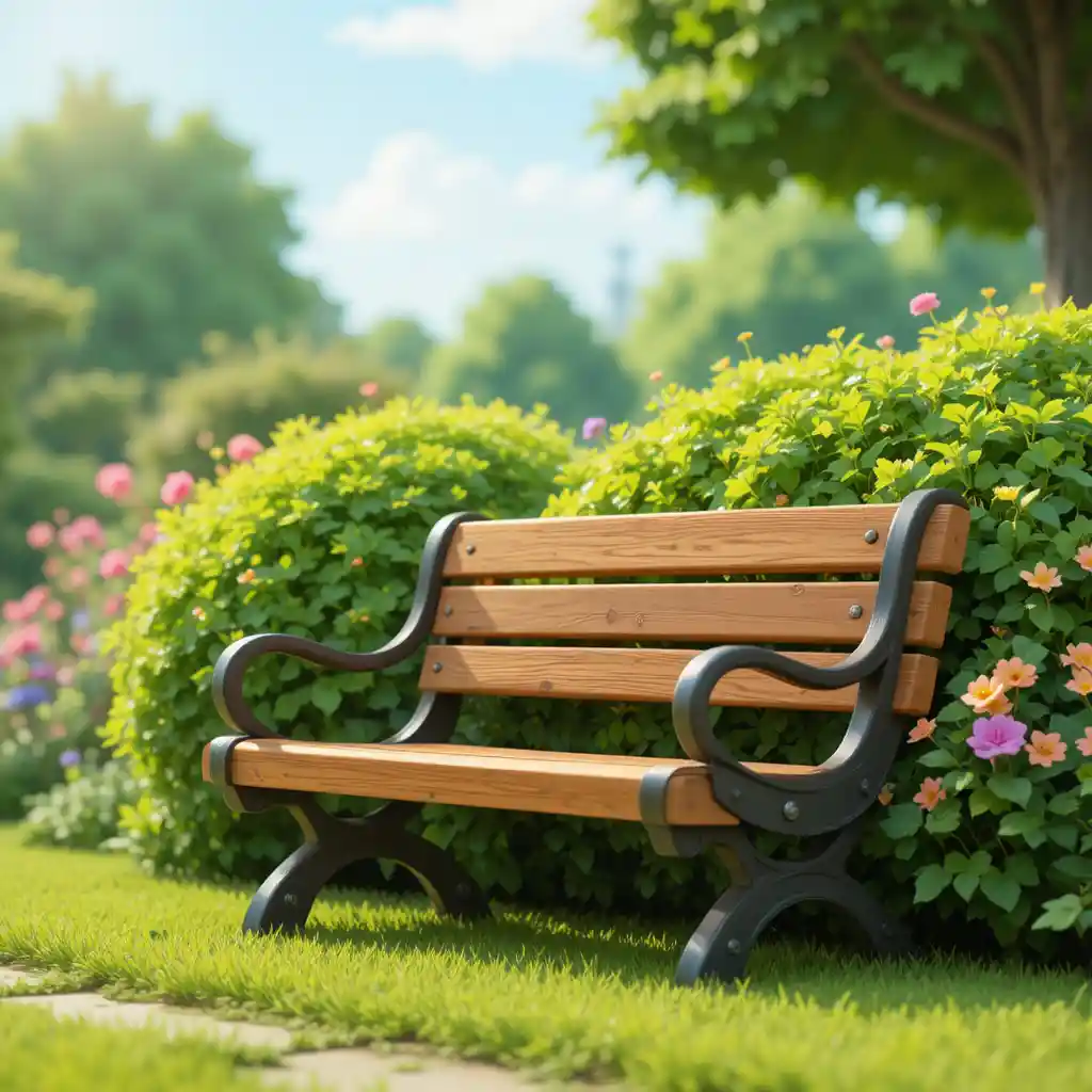 Cartoon park bench with flowers in a bright daytime scene