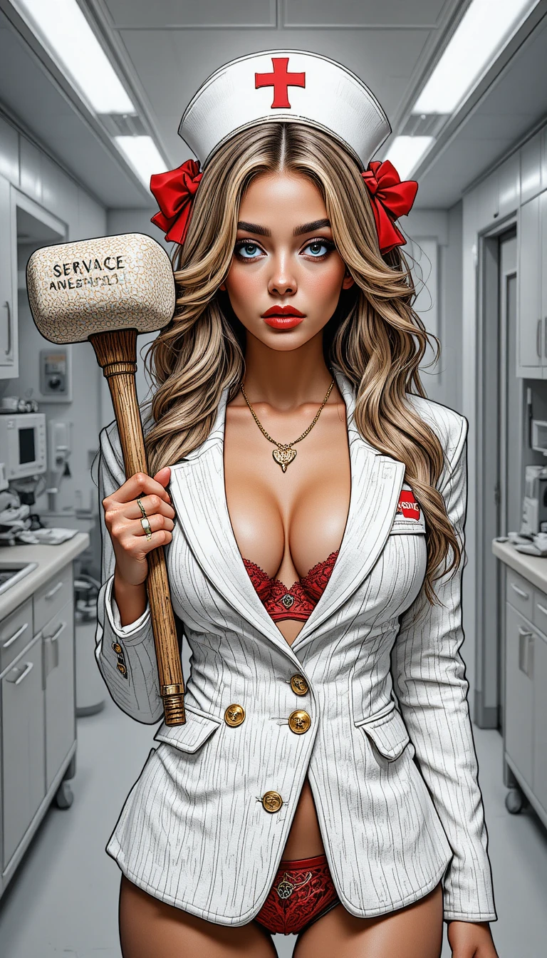 Retrato de mujer rubia con blazer blanco y lencería de encaje