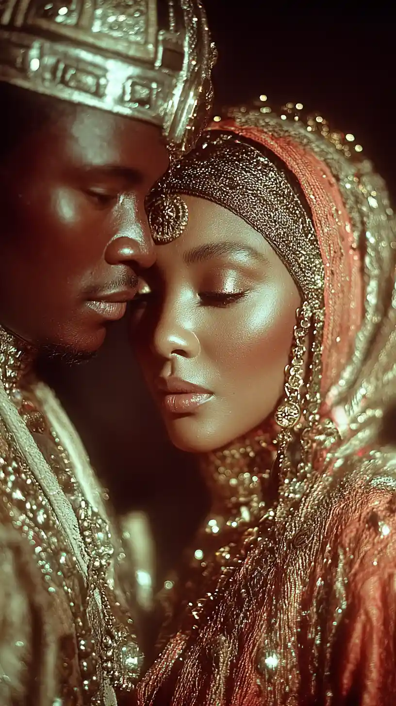 Romantic couple close up before an ancient fantasy palace