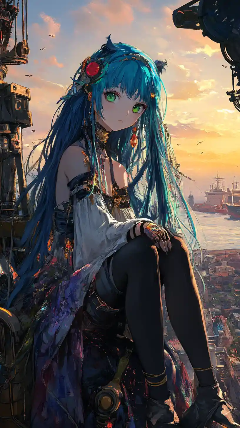 Anime girl sitting on a ruined robot at sunrise