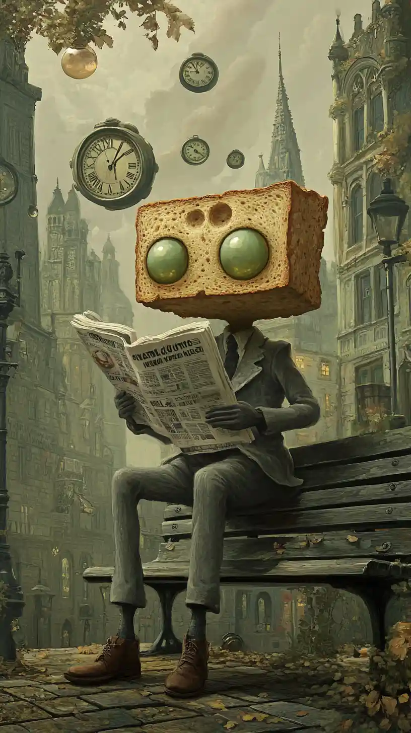 Surreal toast figure reading a newspaper on park bench