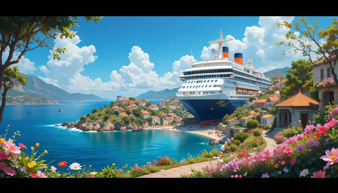 Whimsical claymation cruise ship near a coastal summer village