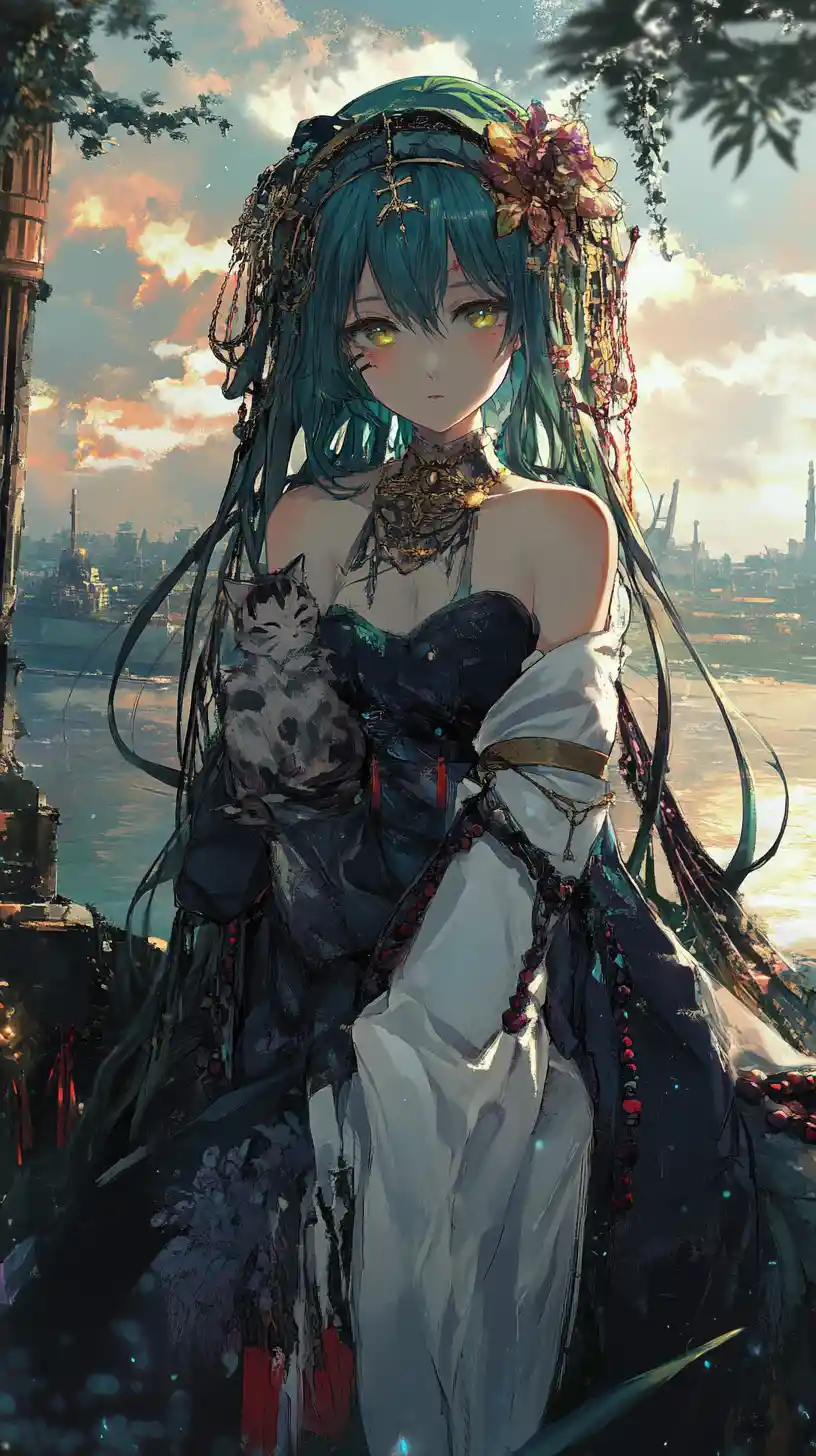 Anime girl with blue hair sitting on a ruined robot