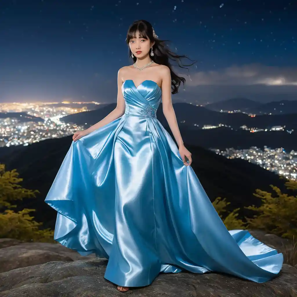 Elegant girl in blue satin gown on a mountain night