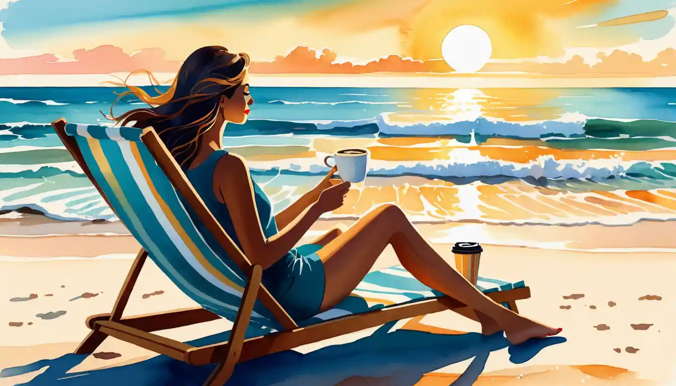Woman with coffee watching sunrise from beach lounger