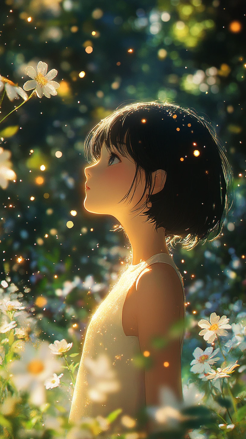 Young girl in profile within a glowing enchanted forest