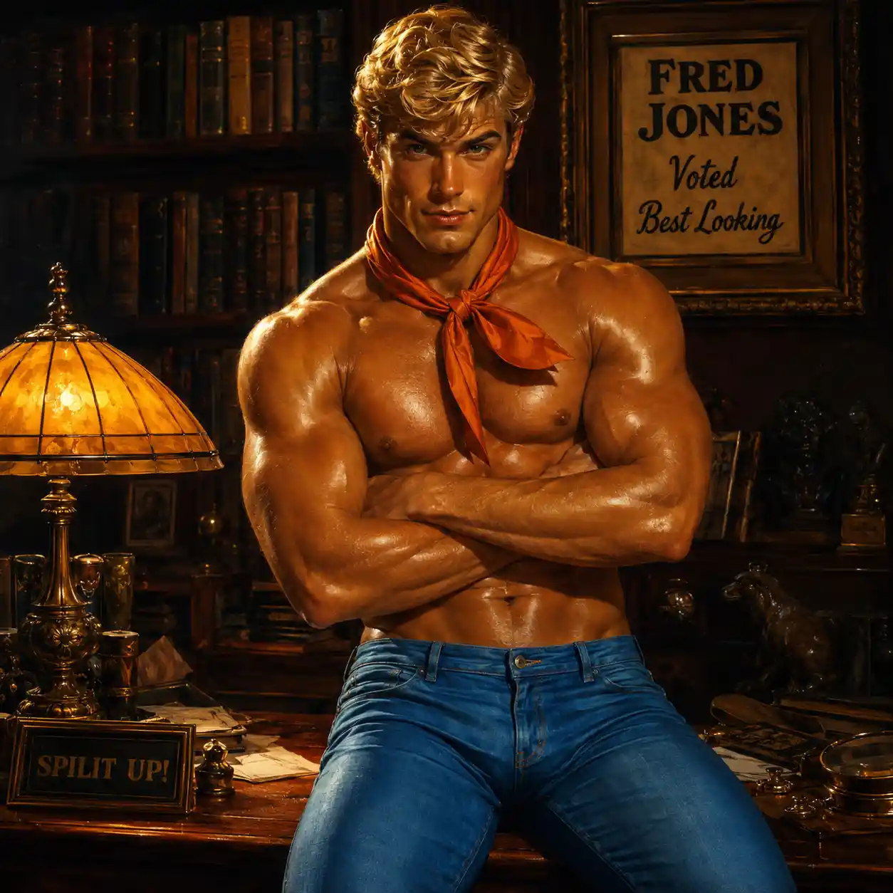 Bronze skinned man on desk in dramatic library scene