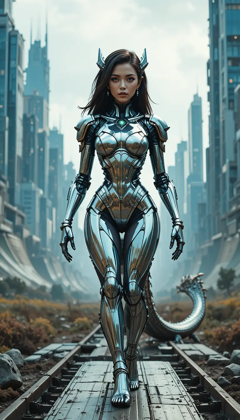 Futuristic humanoid robot walking in a high tech cityscape