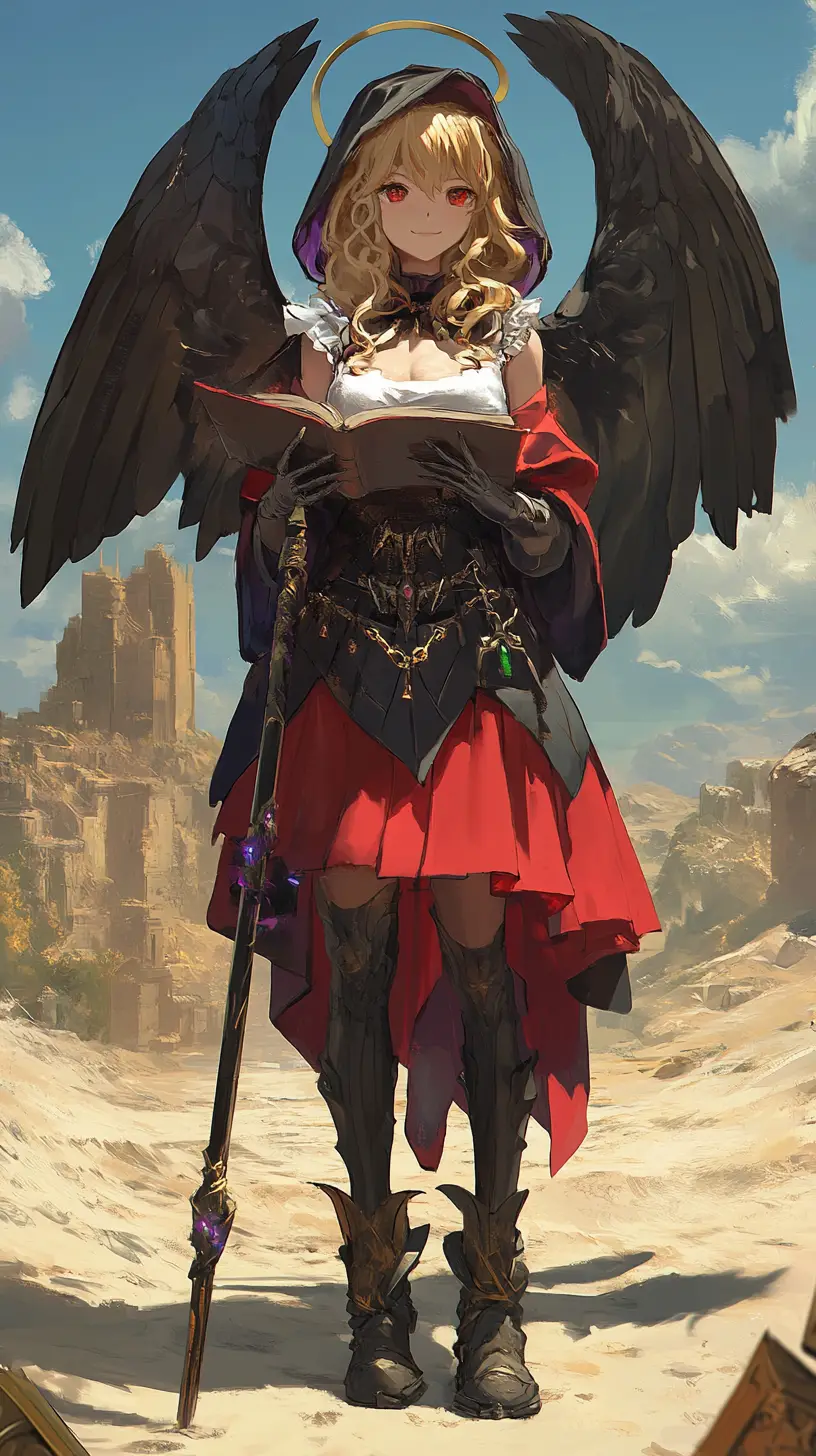 Angel winged anime girl in a desert before a glowing castle