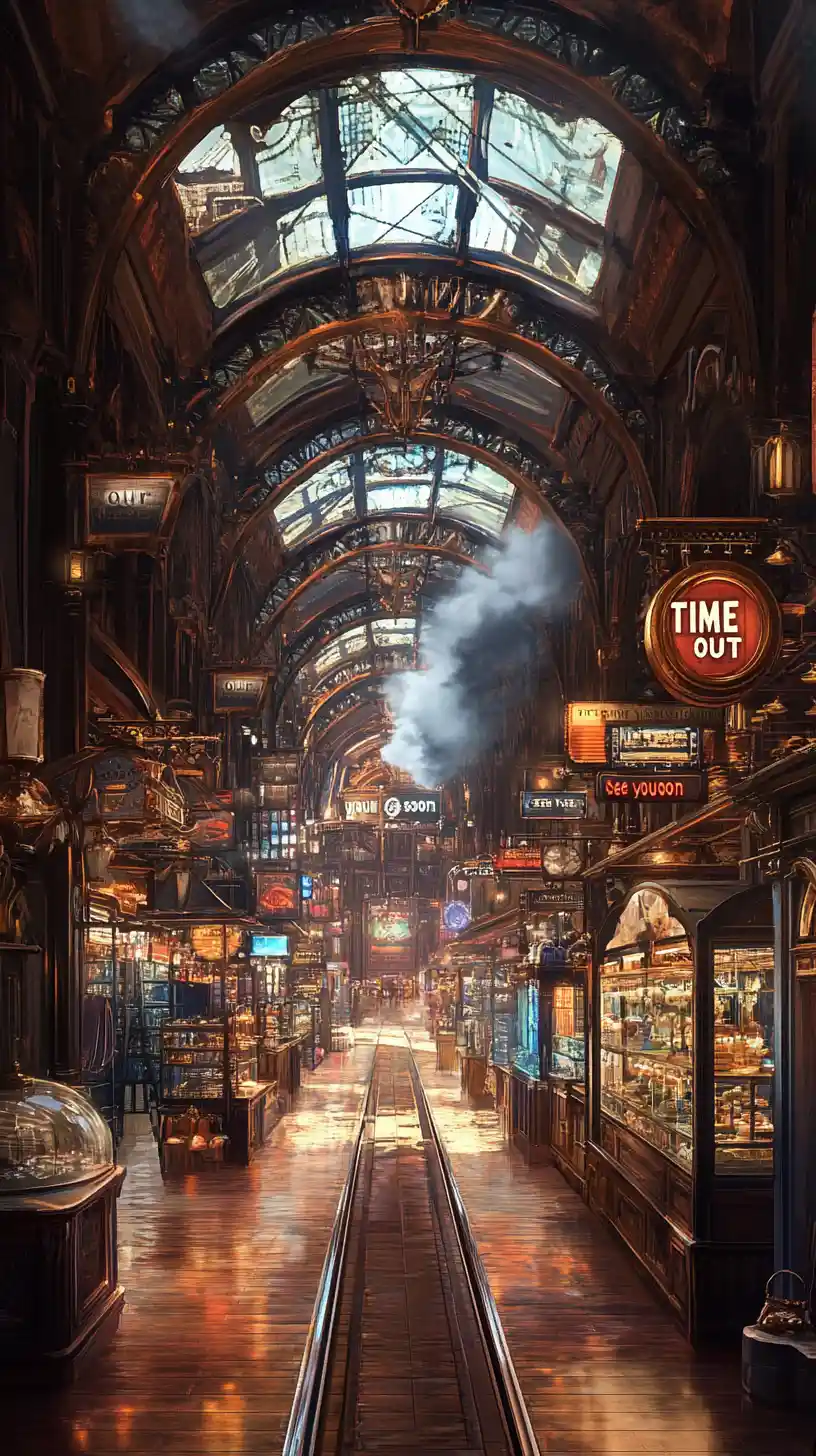Ornate steampunk corridor with shops and glowing central passage