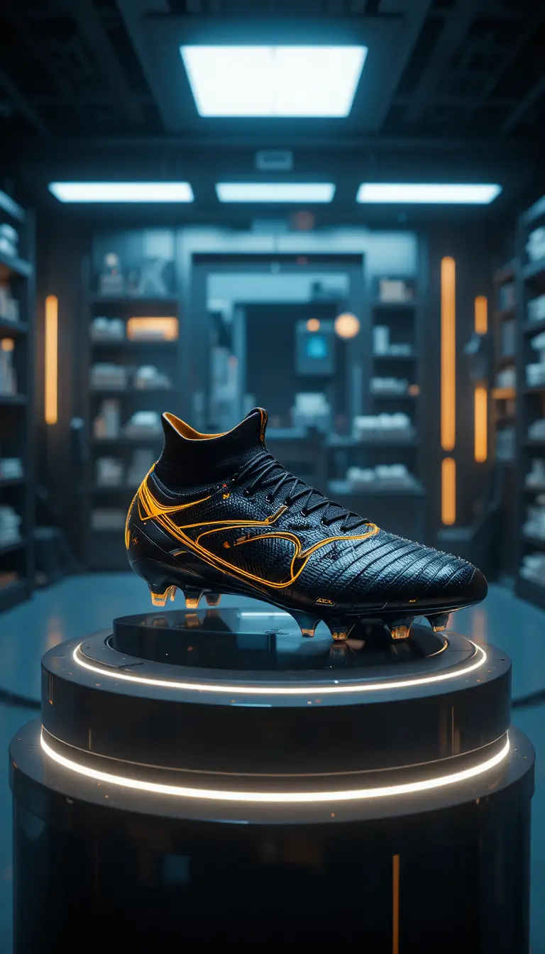 Scarpa da calcio futuristica della nazionale in esposizione in un laboratorio hi-tech