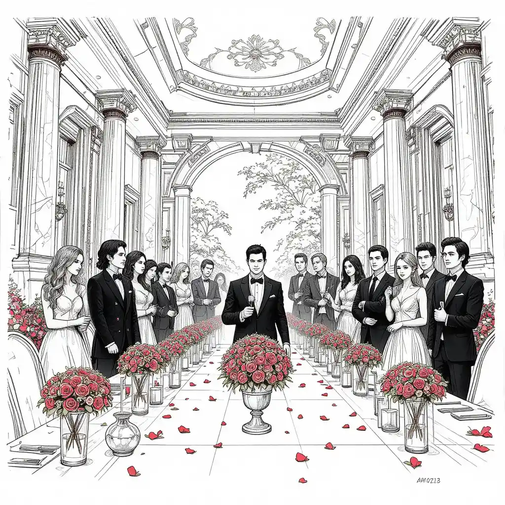 Cinematic low angle view of a modern wedding banquet