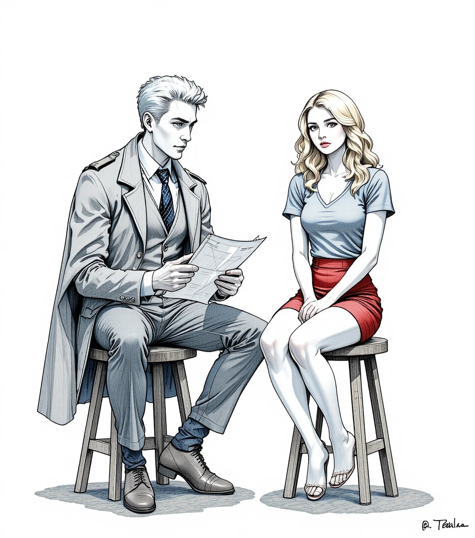 Serious man and woman seated on stools in white space