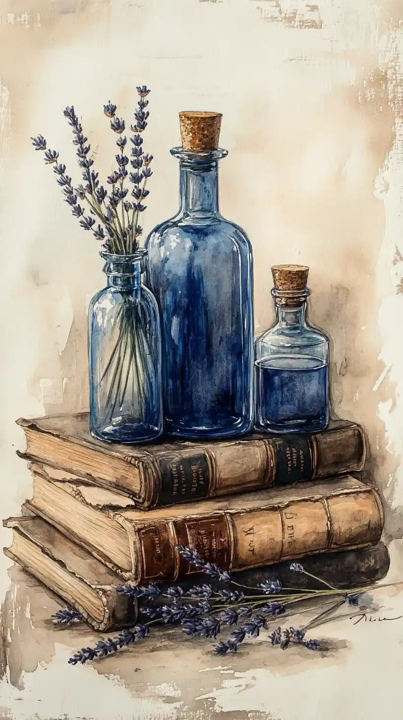 Watercolor still life of antique books and blue glass bottles