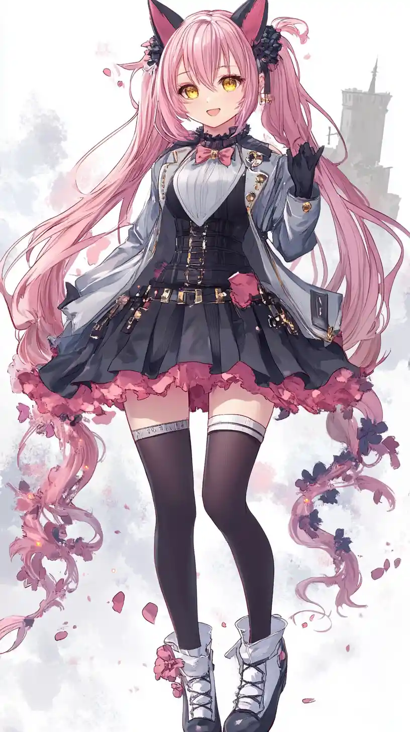 Anime girl in white and pink jacket with black ruffled skirt