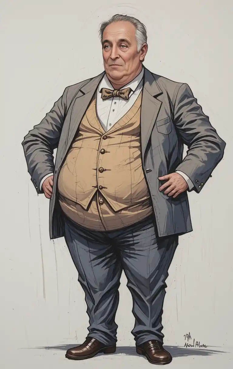 Stern overweight man in formal suit on white background