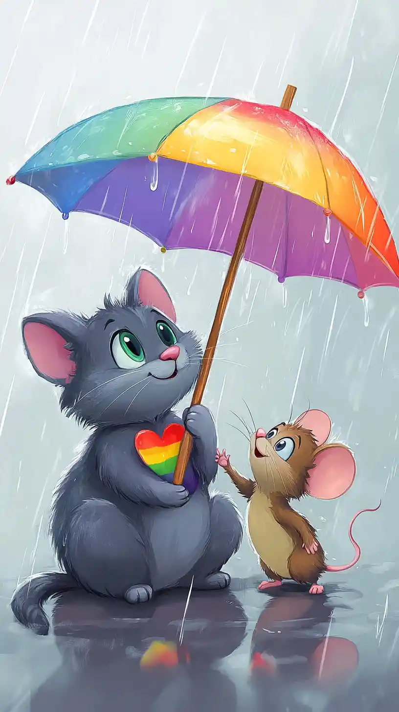 Cute cat and mouse sharing a rainbow umbrella in rain