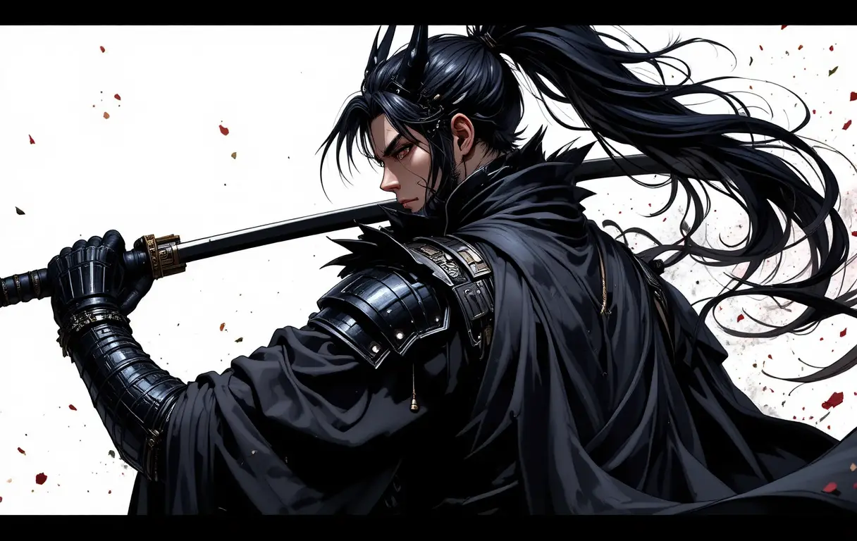 Demonic anime swordsman in black armor mid swing