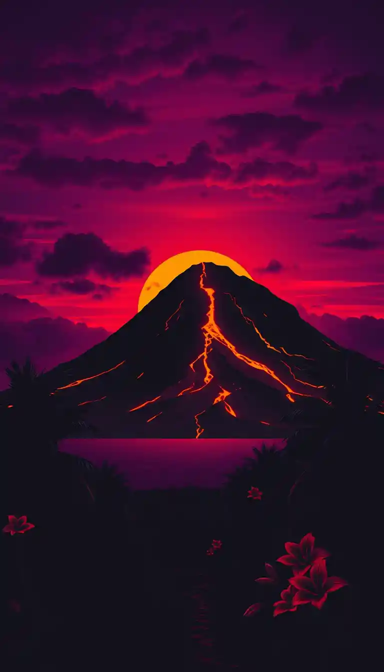 Glowing Volcano Island Under Neon Purple And Orange Sky