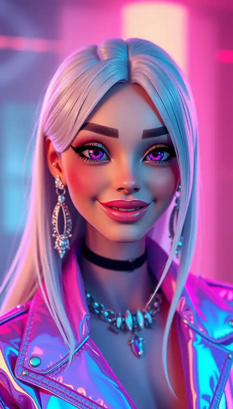 Silver haired woman in holographic jacket close up portrait