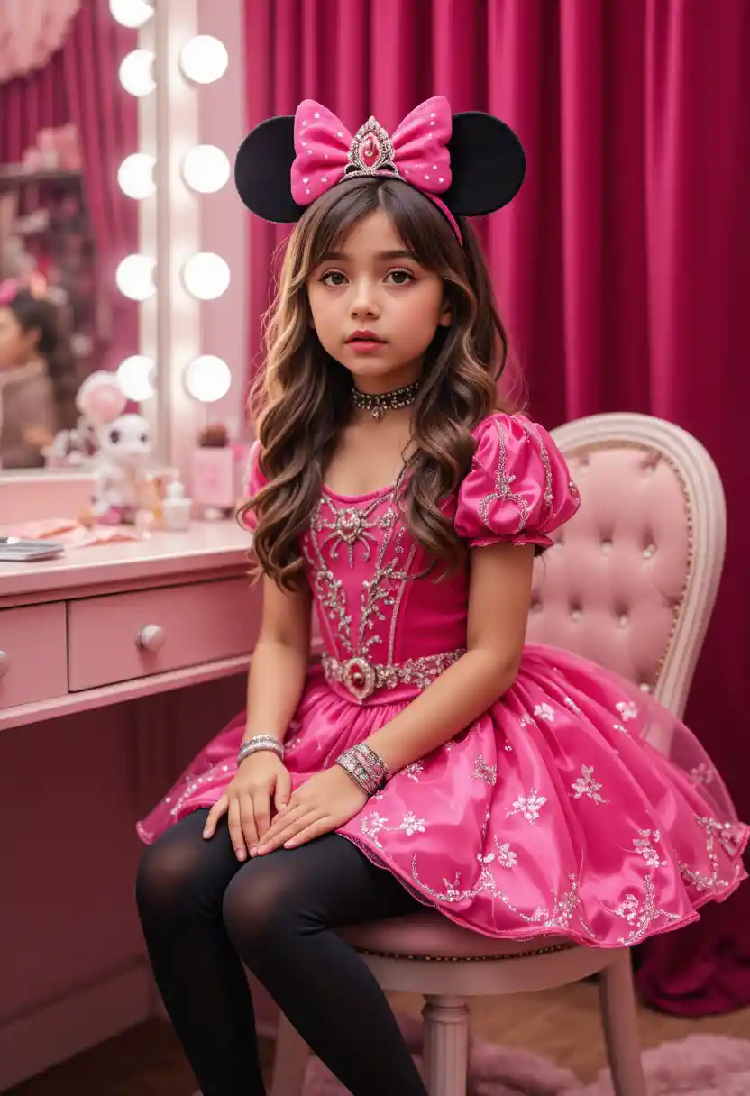 Young boy in pink princess dress at vanity mirror
