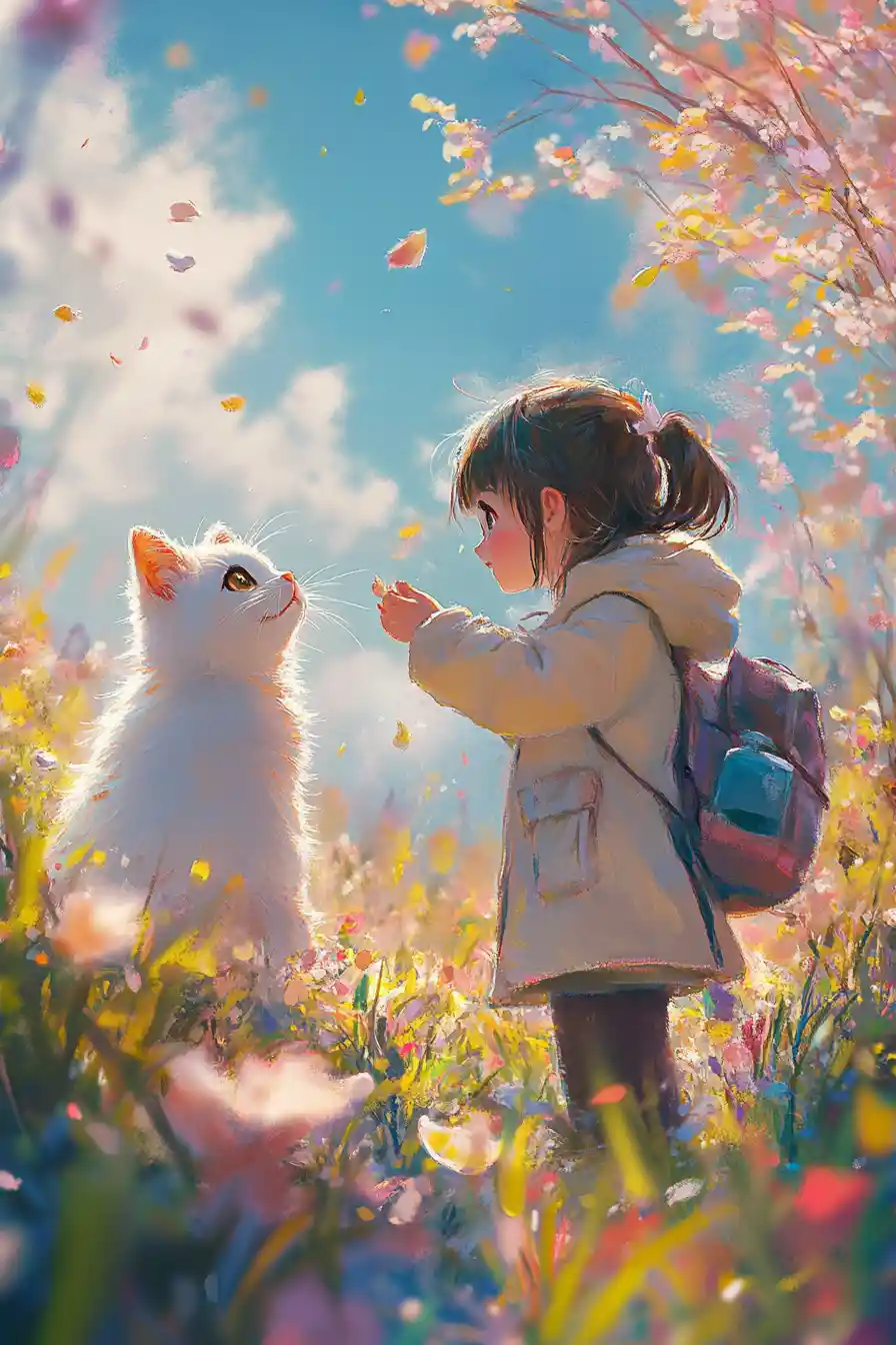 Cheerful anime girl in bright pastel artistic illustration