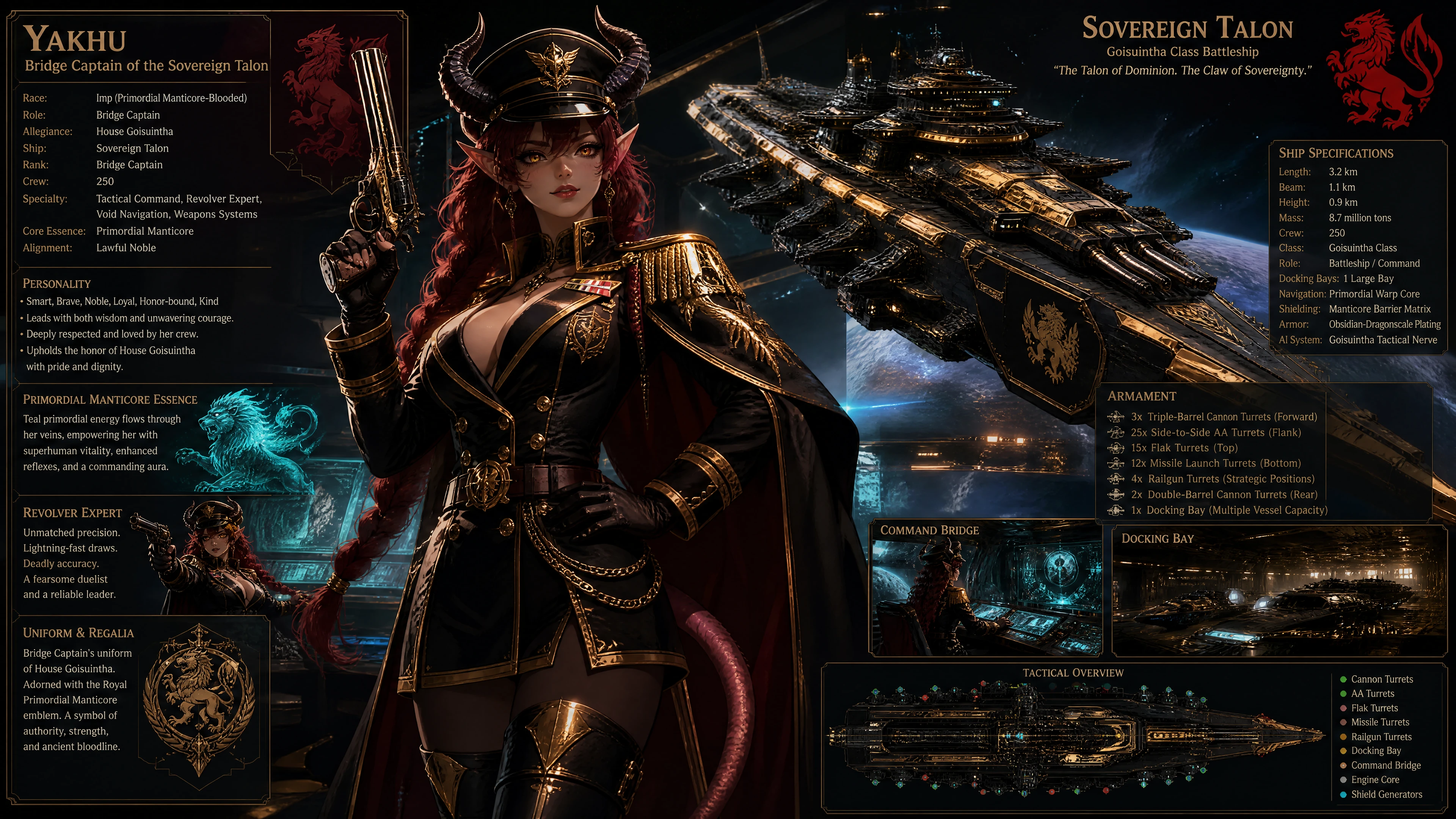 Fantasy imp starship captain with braided dark scarlet hair