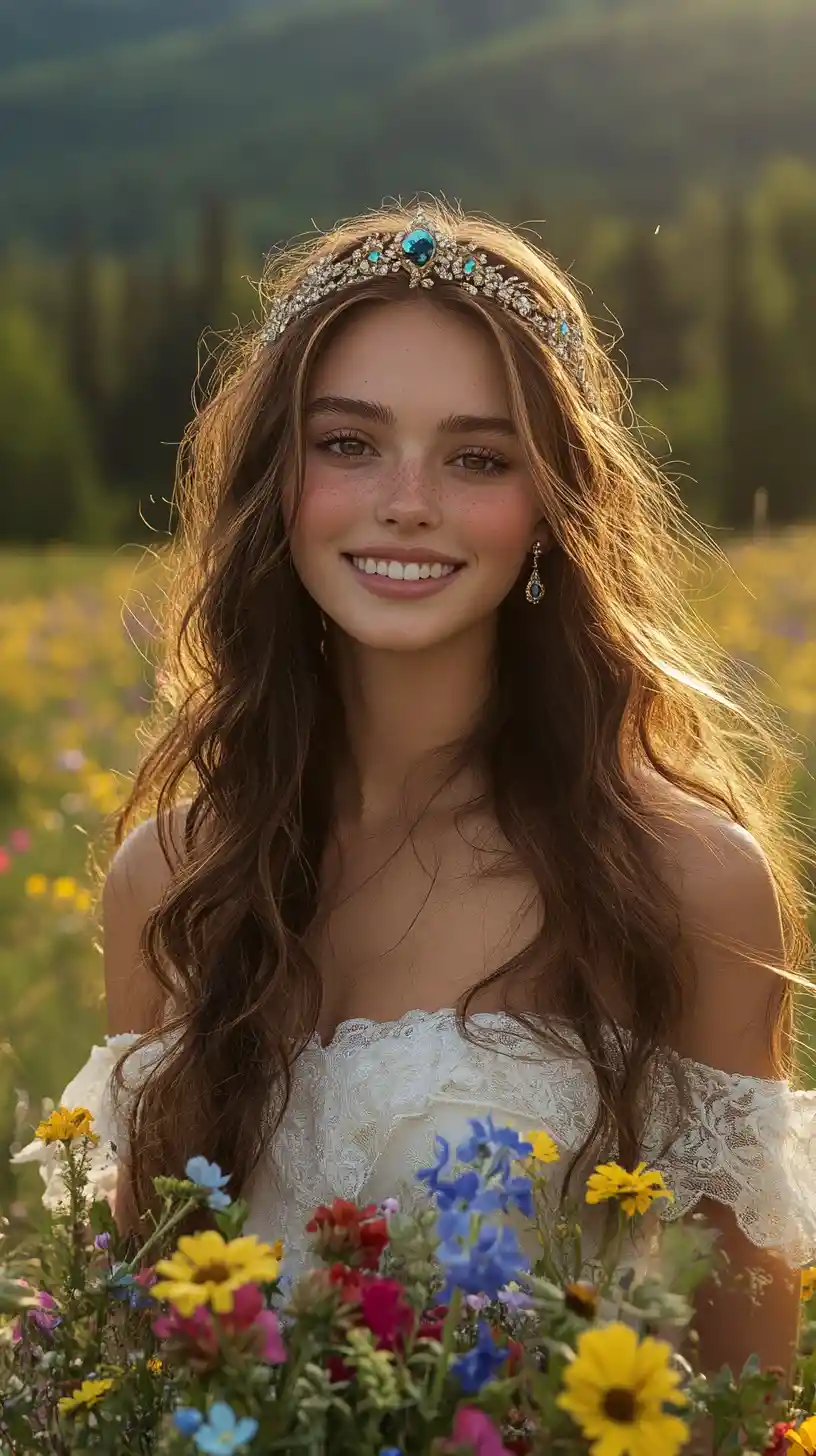 Young woman in alpine meadow with flower bouquet