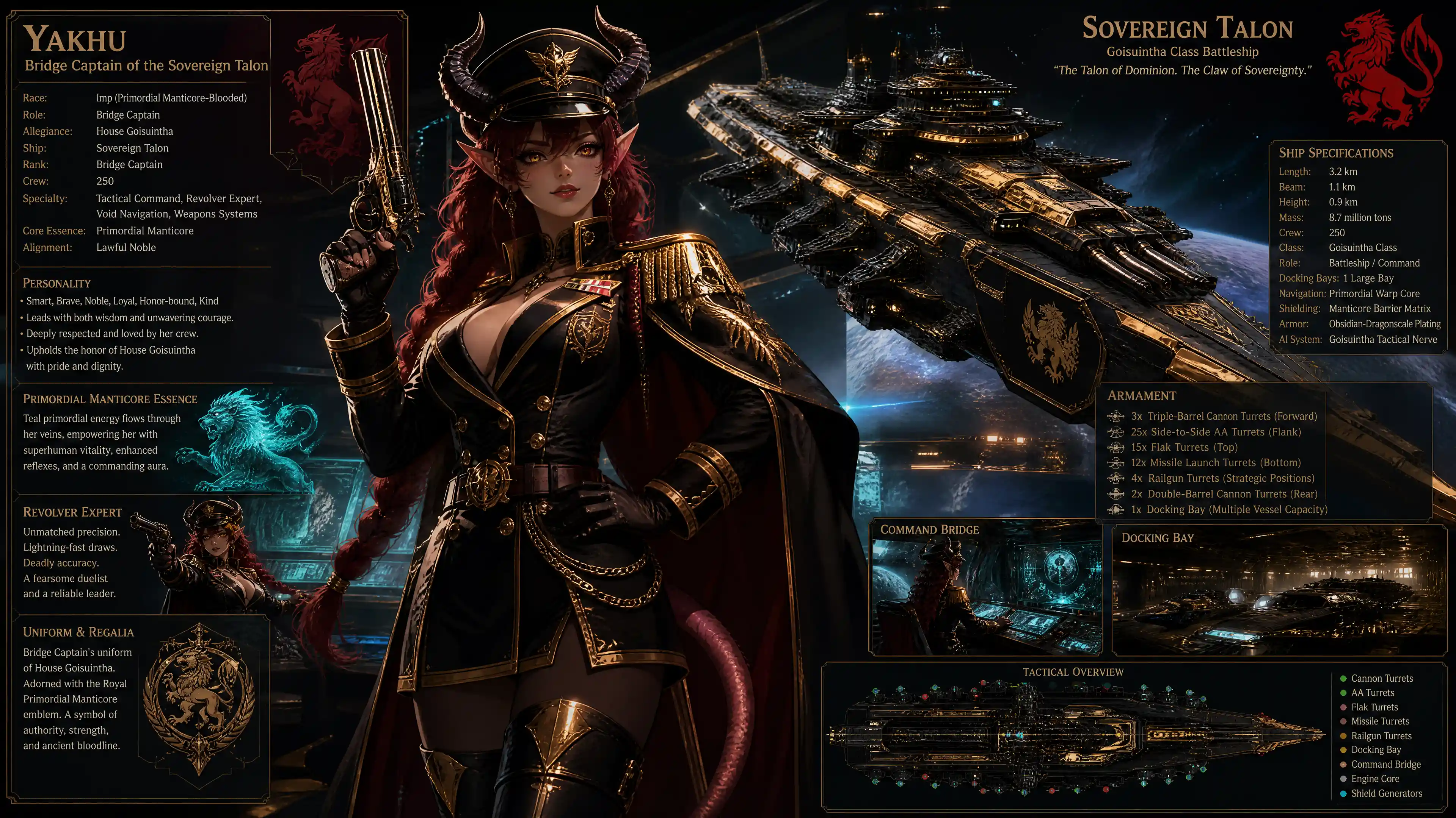 Fantasy imp starship captain with braided dark scarlet hair