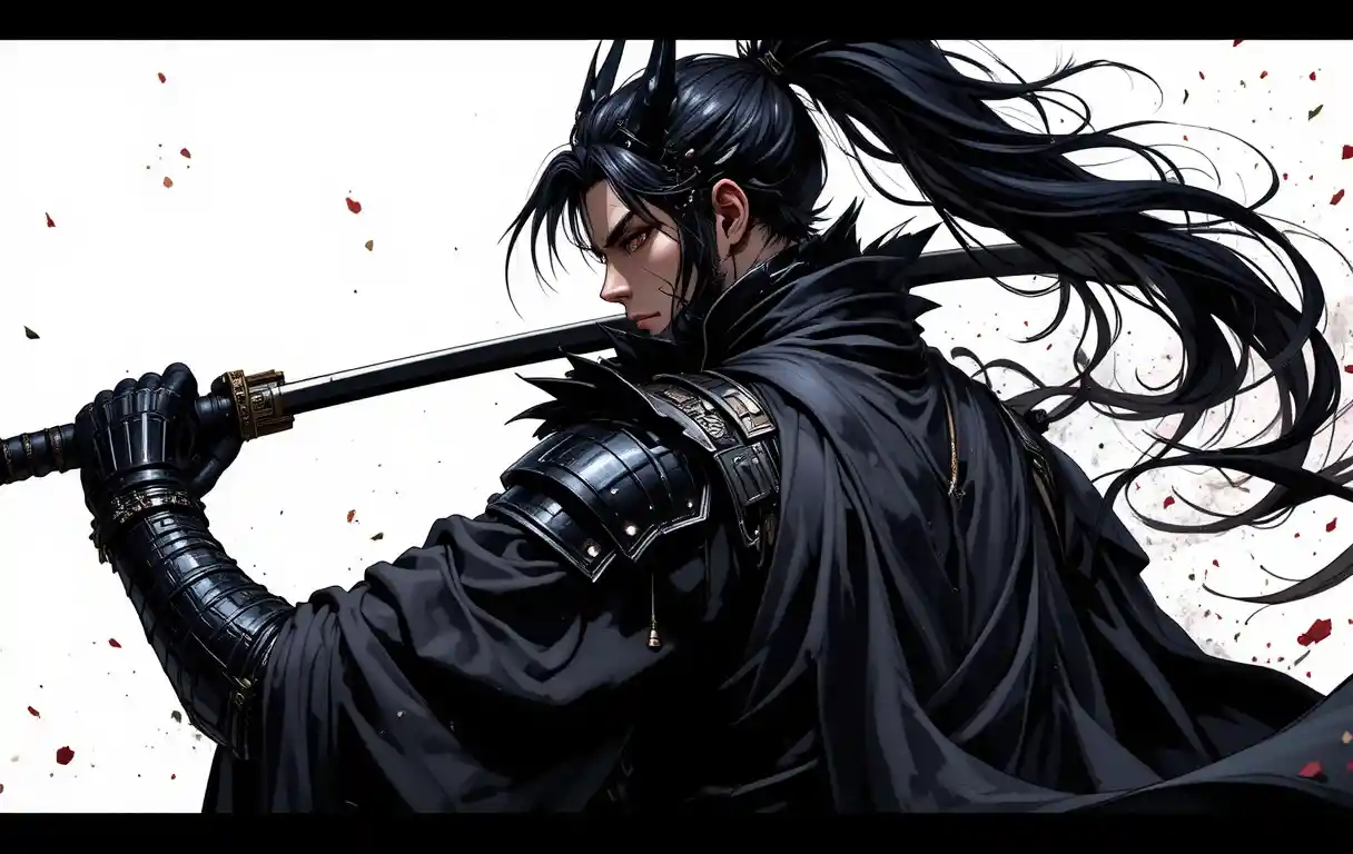 Demonic anime swordsman in black armor mid swing