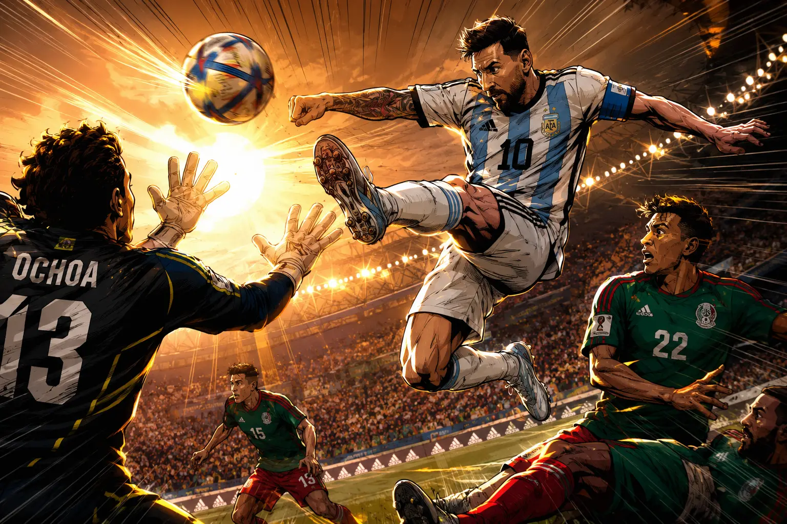 Dynamic soccer action in mid air with cinematic backlight