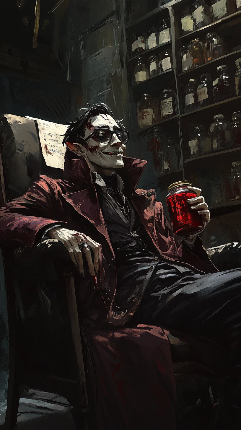 Vampire doctor cradling a blood jar in a dim hospital