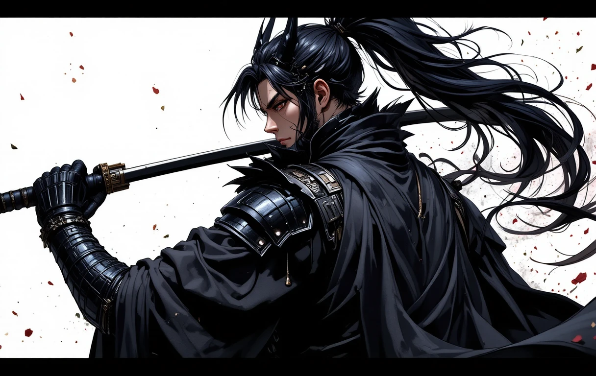 Demonic anime swordsman in black armor mid swing