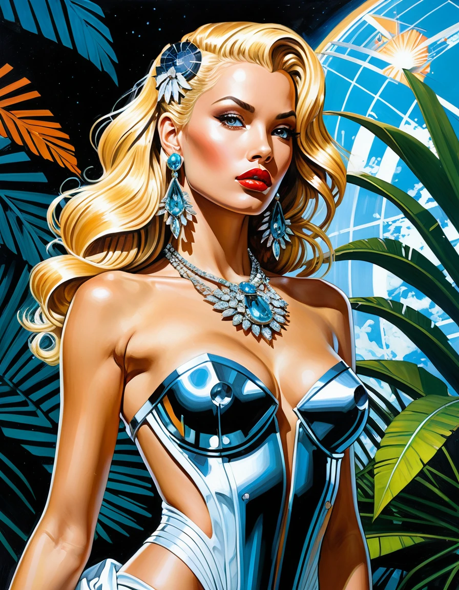 Solar punk blonde woman in futuristic elegant gown