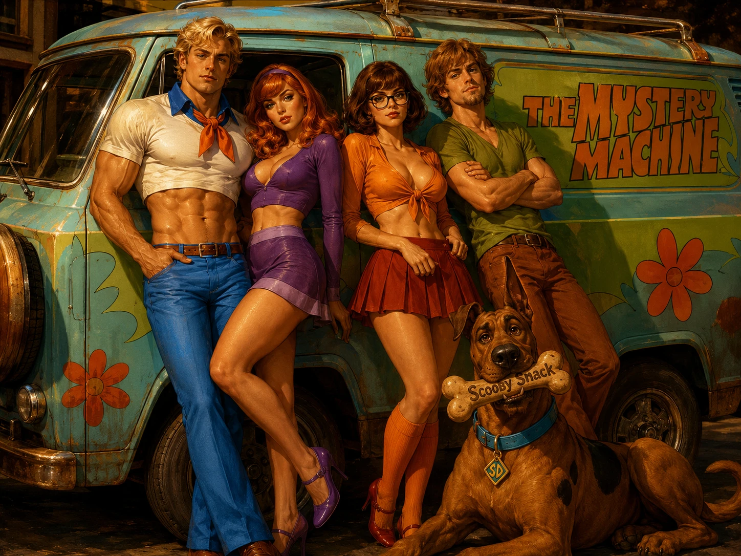Retro mystery van crew posing with their great dane