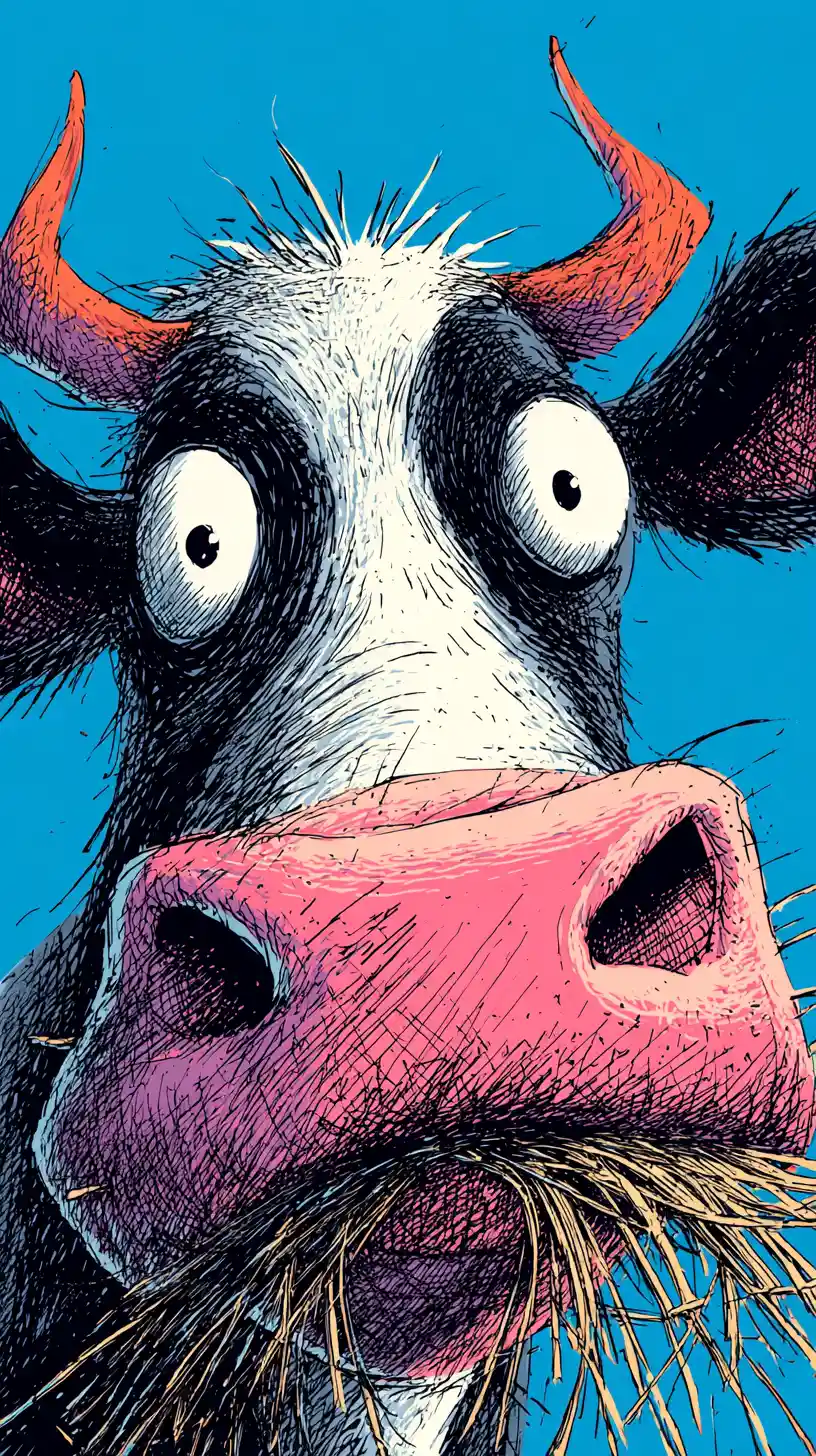 Funny close up cartoon cow with shocked silly expression