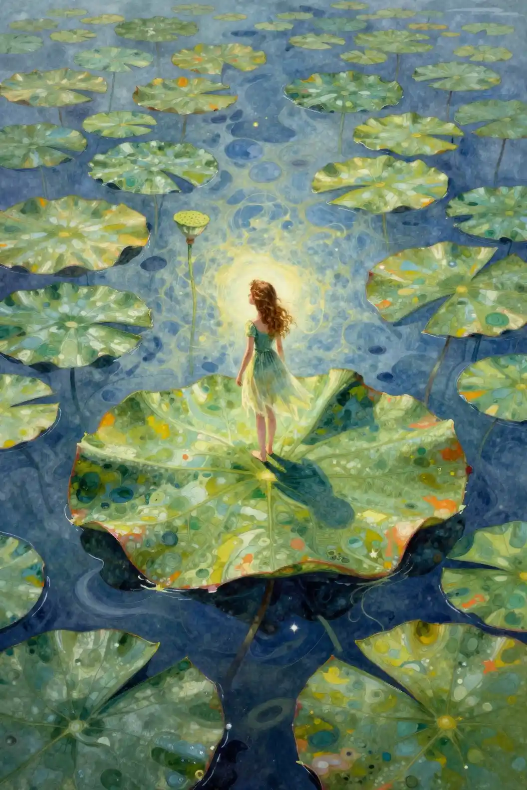 Young girl on a giant water lily in a surreal world