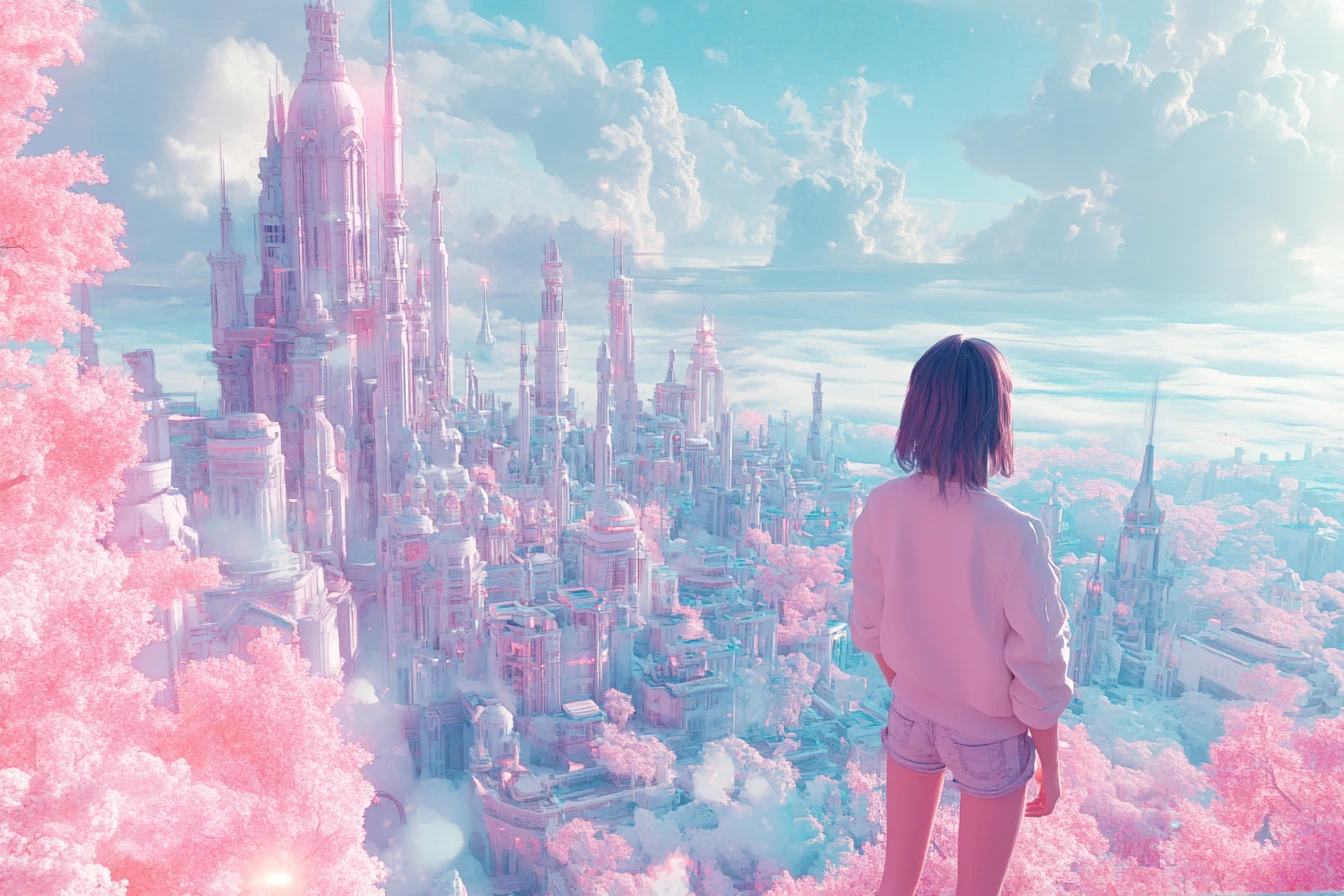 Colorful dreamscape in bright pastel digital illustration