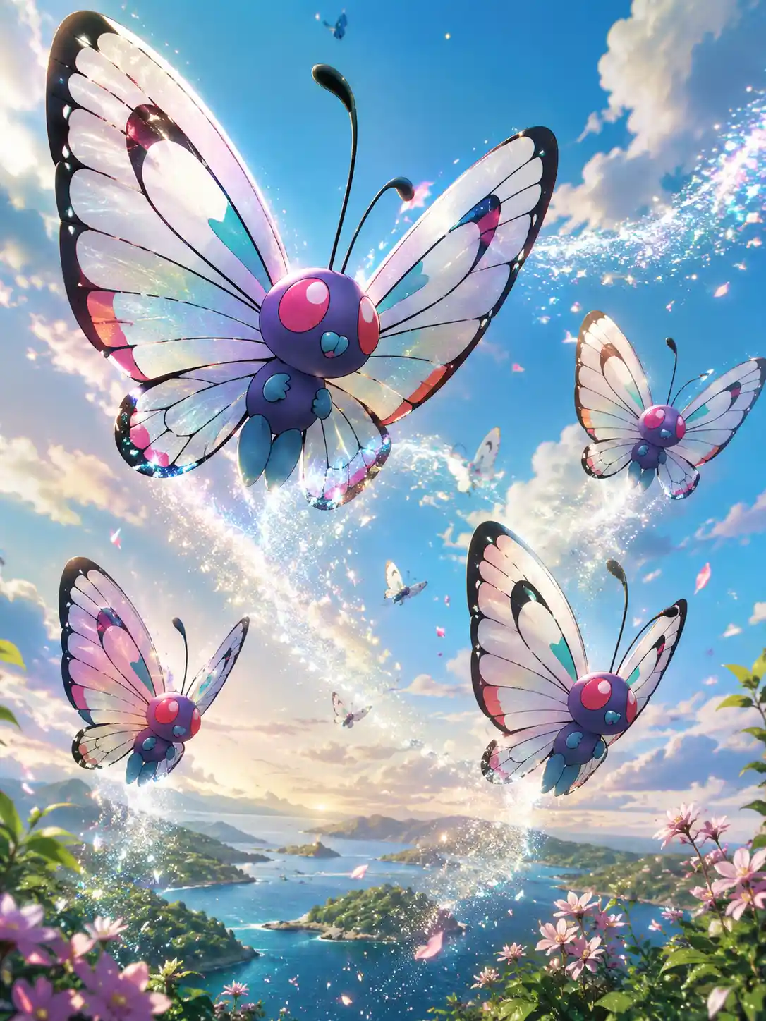 Butterfly pokemon drifting through a glowing magical sky